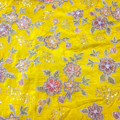 Yellow Crepe Base Fabric with Multicolor Floral Embroidery & Zari, Sequin work