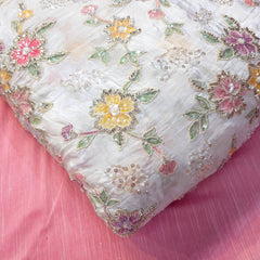 White Crepe Base Fabric with Multicolor Floral Embroidery & Zari, Sequin work