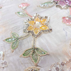 White Crepe Base Fabric with Multicolor Floral Embroidery & Zari, Sequin work