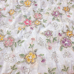 White Crepe Base Fabric with Multicolor Floral Embroidery & Zari, Sequin work