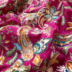 Bright Pink Crepe Base Fabric with Multicolor Embroidery & Zari, Sequin work