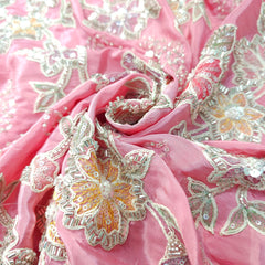 Pastel Pink Crepe Base Fabric with Multicolor Floral Embroidery & Zari, Sequin work