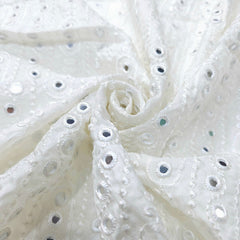 Dyeable Embroidered Georgette Fabric with Mirror Work and Geometric Threadwork