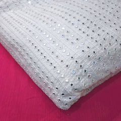 Dyeable Embroidered Georgette Fabric with Geometric Mirror Work and Threadwork