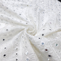 Dyeable Embroidered Georgette Fabric with Geometric Mirror Work and Threadwork
