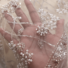 Biege Embroidered Net Fabric with Sequins and Beads