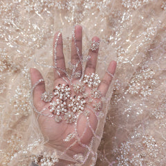 Biege Embroidered Net Fabric with Sequins and Beads