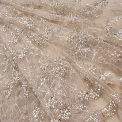 Biege Embroidered Net Fabric with Sequins and Beads