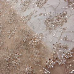 Biege Embroidered Net Fabric with Sequins and Beads