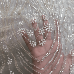 Ice Grey Embroidered Net Fabric with Sequins and Beads