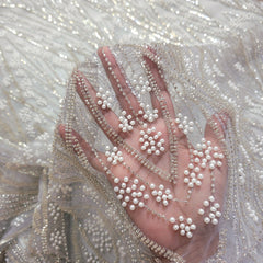 Ice Grey Embroidered Net Fabric with Sequins and Beads