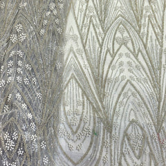 Ice Grey Embroidered Net Fabric with Sequins and Beads