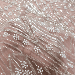 Pale Pink Embroidered Net Fabric with Sequins and Beads