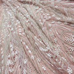 Pale Pink Embroidered Net Fabric with Sequins and Beads