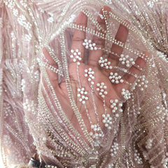 Pale Pink Embroidered Net Fabric with Sequins and Beads