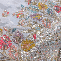 DYEABLE Crepe Fabric with Multicolor Floral Cutdana, Sequin work with Border