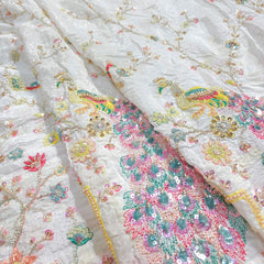 DYEABLE Crepe Fabric with Multicolor Peacock Cutdana, Sequin work with Border