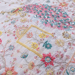 DYEABLE Crepe Fabric with Multicolor Peacock Cutdana, Sequin work with Border