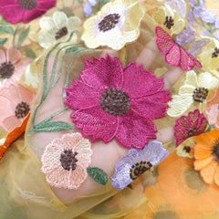 Multicolor Floral Applique Work on Yellow Net Fabric