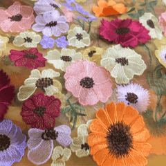 Multicolor Floral Applique Work on Yellow Net Fabric