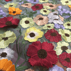 Multicolor Floral Applique Work on Green Net Fabric