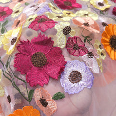 Multicolor Floral Applique Work on Purple Net Fabric