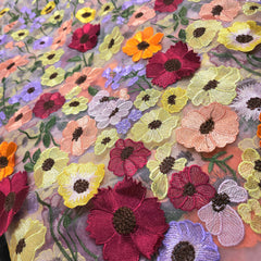 Multicolor Floral Applique Work on Purple Net Fabric