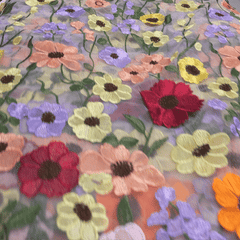 Multicolor Floral Applique Work on Purple Net Fabric