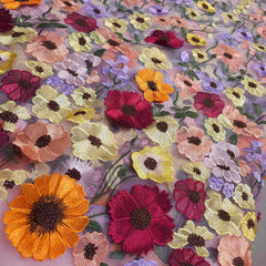 Multicolor Floral Applique Work on Beige Net Fabric