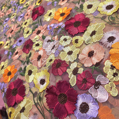 Multicolor Floral Applique Work on Light Pink Net Fabric