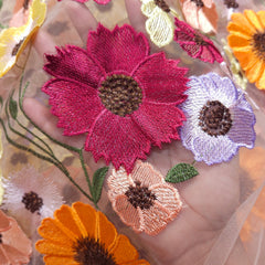 Multicolor Floral Applique Work on Light Pink Net Fabric
