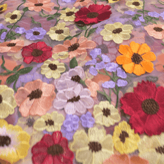 Multicolor Floral Applique Work on Pink Net Fabric