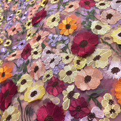 Multicolor Floral Applique Work on Pink Net Fabric