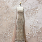 Biege Embroidered Net Fabric with Sequins and Beads