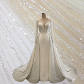 Ivory Gold Embroidered Net Fabric with Sequins and Beads