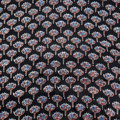 Elegant Handblock Ajrakh Print on Pure Modal Fabric – Indigo Blue & Maroon Floral Motifs on Black Base