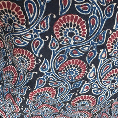 Elegant Handblock Ajrakh Print on Pure Modal Fabric – Indigo Blue & Maroon Floral and Paisley Motifs on Black Base