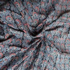 Elegant Handblock Ajrakh Print on Pure Modal Fabric – Indigo Blue & Maroon Floral and Paisley Motifs on Black Base