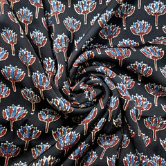 Elegant Handblock Ajrakh Print on Pure Modal Fabric – Indigo Blue & Maroon Floral Motifs on Black Base