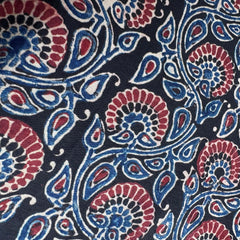 Elegant Handblock Ajrakh Print on Pure Modal Fabric – Indigo Blue & Maroon Floral and Paisley Motifs on Black Base