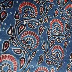 Elegant Handblock Ajrakh Print on Pure Modal Fabric – Black & Maroon Floral and Paisley Motifs on Indigo Blue Base