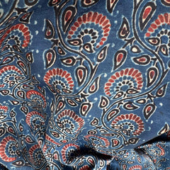 Elegant Handblock Ajrakh Print on Pure Modal Fabric – Black & Maroon Floral and Paisley Motifs on Indigo Blue Base