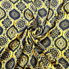 Elegant Handblock Ajrakh Print on Pure Modal Fabric – Black and White Floral Motifs on Indigo Blue Base