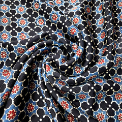Elegant Handblock Ajrakh Print on Pure Modal Fabric – Indigo Blue & Black Floral and Paisley Motifs on Black Base