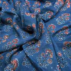 Elegant Handblock Ajrakh Print on Pure Modal Fabric – Maroon & Black Floral Motifs on Indigo Blue Base