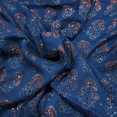 Elegant Handblock Ajrakh Print on Pure Modal Fabric – Maroon & Black Floral Motifs on Indigo Blue Base