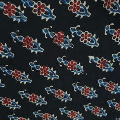 Elegant Handblock Ajrakh Print on Pure Modal Fabric – Indigo Blue & Maroon Floral Motifs on Black Base