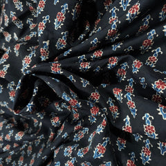 Elegant Handblock Ajrakh Print on Pure Modal Fabric – Indigo Blue & Maroon Floral Motifs on Black Base