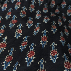 Elegant Handblock Ajrakh Print on Pure Modal Fabric – Indigo Blue & Maroon Floral Motifs on Black Base