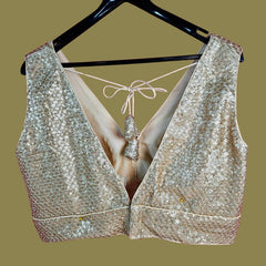 Sitara Full Sequins Sleeveless Biege Blouse with V Neckline